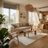 שטיח לולאות דגם COZY 04 קרם, Modern Israeli Apartment Living Room, mid-to-high floor, lifestyle props, Soft warm natural ...