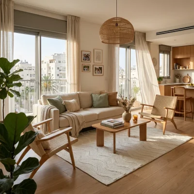 שטיח לולאות דגם COZY 04 קרם, Modern Israeli Apartment Living Room, mid-to-high floor, lifestyle props, Soft warm natural ...