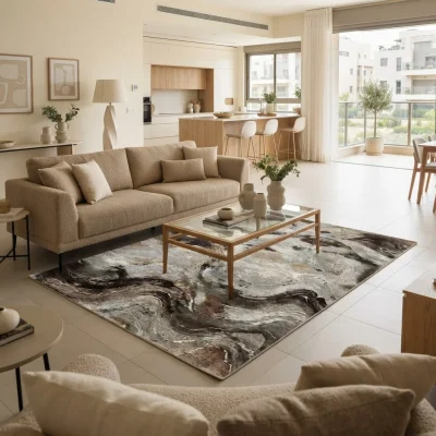 שטיח בלגי דגם בריסל 36, Modern Israeli open-plan living room with a partial view into a large kitchen, Authentic Israeli H...