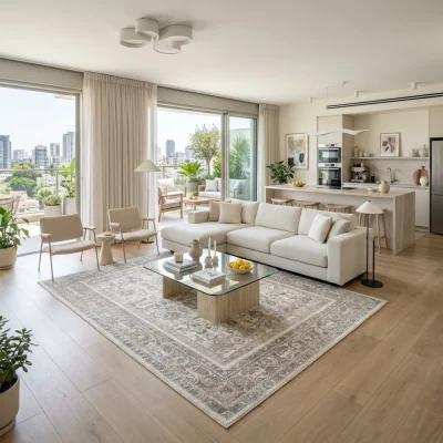 שטיח וינטג' אפור 5219-02, Modern high-floor apartment living room in central Israel with open-plan kitchen and balcony acc...