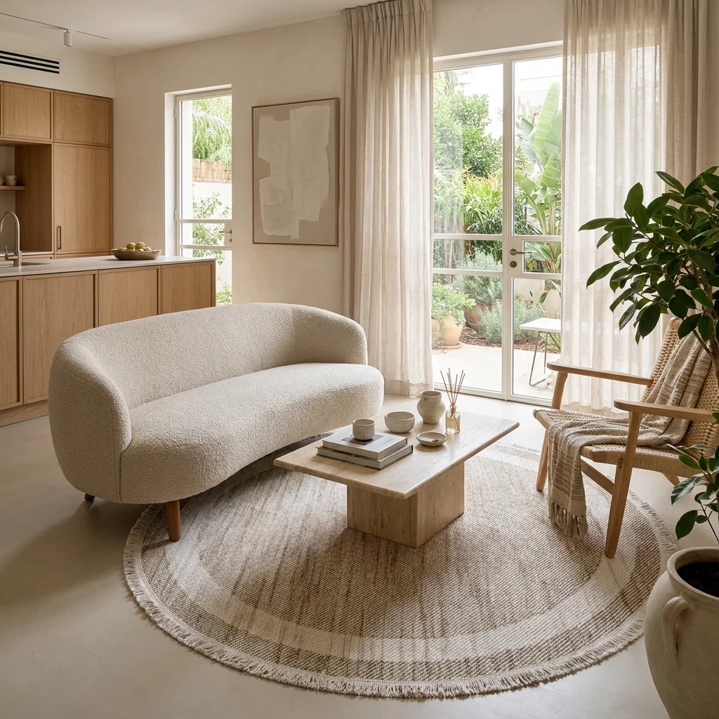 שטיח עגול COZY 05 בז', Israeli Garden Apartment, lifestyle props, Soft, sunny daylight filtering through large glass doors...