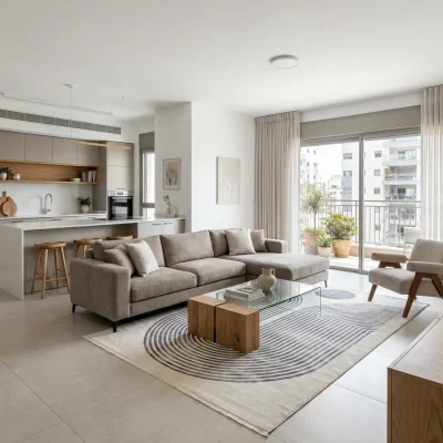 שטיח אלמנט 3005 SALE, lifestyle props, Refined Contemporary Israeli Aesthetic, Dreamy Morning Glow.