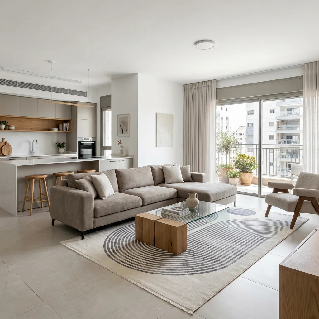 שטיח אלמנט 3005 SALE, lifestyle props, Refined Contemporary Israeli Aesthetic, Dreamy Morning Glow.