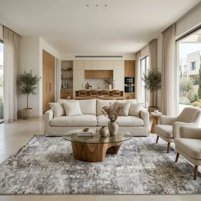 שטיח מודרני CLOUDY 3254-01, Open-plan living room in a high-quality Israeli home in central Israel, Soft Window Light, lif...