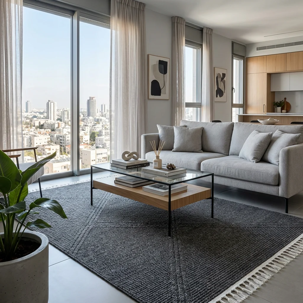 שטיח לולאות דגם COZY 08 שחור, Scandi Neutrals, Soft Window Light, lifestyle props.