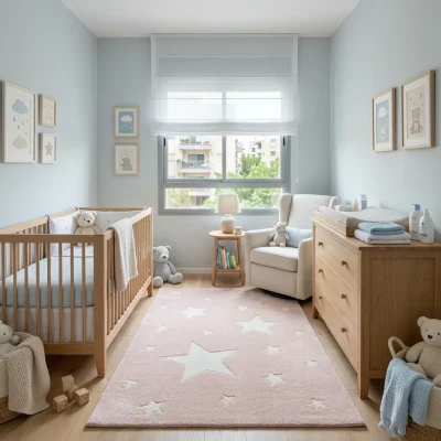 שטיח ילדים כוכבים ורוד, Contemporary Israeli Baby Nursery, lifestyle props, Contemporary Israeli Nursery, Soft Window Light.