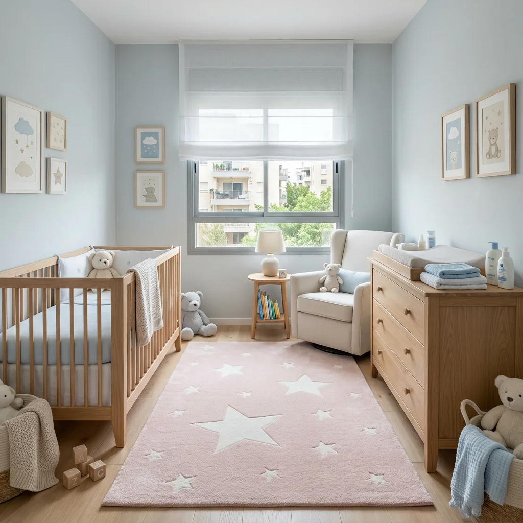שטיח ילדים כוכבים ורוד, Contemporary Israeli Baby Nursery, lifestyle props, Contemporary Israeli Nursery, Soft Window Light.