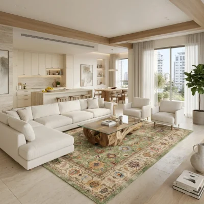 שטיח וינטג' קלאסי ירוק 2048-02, Sophisticated Contemporary Israeli Penthouse, Soft Window Light, lifestyle props.