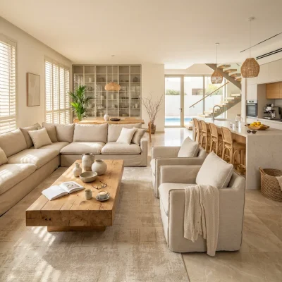 שטיח ליאונה 01 STONE, Golden Hour (Sunwashed), excessive props, High-End Desert Lodge, Dreamy Morning Glow.