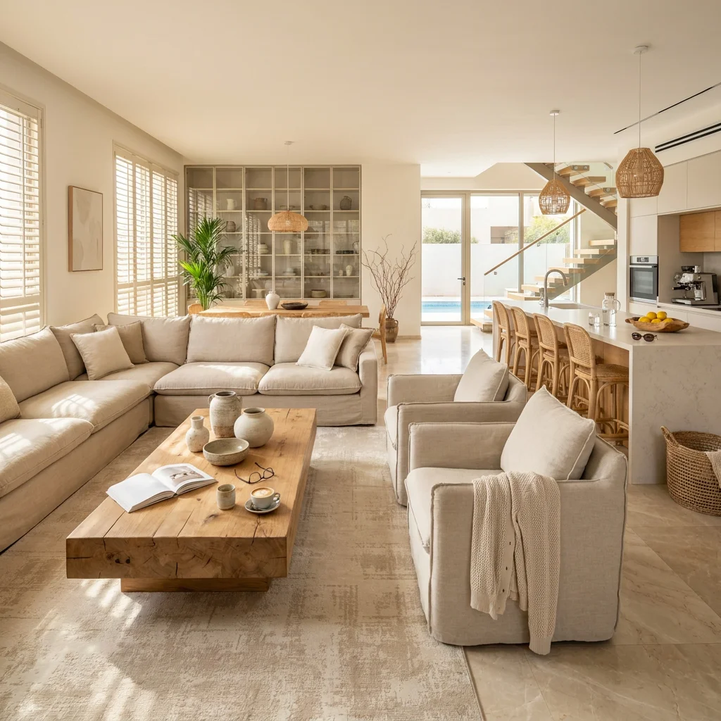 שטיח ליאונה 01 STONE, Golden Hour (Sunwashed), excessive props, High-End Desert Lodge, Dreamy Morning Glow.