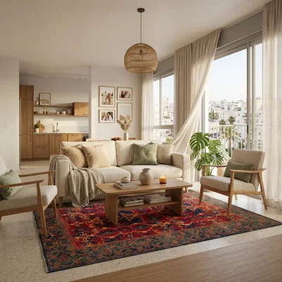שטיח צמר אתני אדום KDM 01 בעבודת מכונה, Modern Israeli Apartment Living Room, mid-to-high floor, lifestyle props, Soft war...