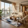 שטיח בלגי דגם בריסל 31, Modern Israeli Apartment Living Room, mid-to-high floor, lifestyle props, Soft warm natural daylig...