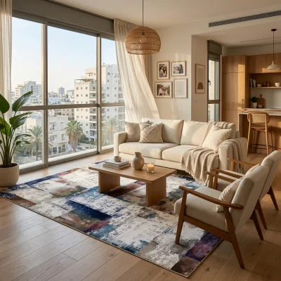 שטיח בלגי דגם בריסל 31, Modern Israeli Apartment Living Room, mid-to-high floor, lifestyle props, Soft warm natural daylig...