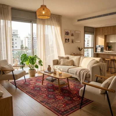 שטיח צמר אתני אדום KDM 06 בעבודת מכונה, Modern Israeli Apartment Living Room, mid-to-high floor, lifestyle props, Soft war...