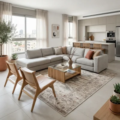 שטיח וינטג' 5517-00, Modern Israeli Living Room, lifestyle props, Refined Contemporary Israeli Aesthetic, Dreamy Morning Glow.