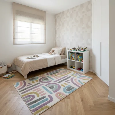 שטיח ילדים קשתות צבעי פסטל KDS 20, Israeli Children's Bedroom, Scandi Neutrals, lifestyle props, Soft Window Light.