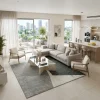 שטיח אמפייר 4669, Modern high-floor apartment living room in central Israel with open-plan kitchen and balcony access, lif...
