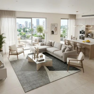 שטיח אמפייר 4669, Modern high-floor apartment living room in central Israel with open-plan kitchen and balcony access, lif...