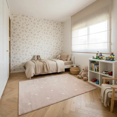 שטיח ילדים נקודות ורוד, Israeli Children's Bedroom, Scandi Neutrals, lifestyle props, Soft Window Light.