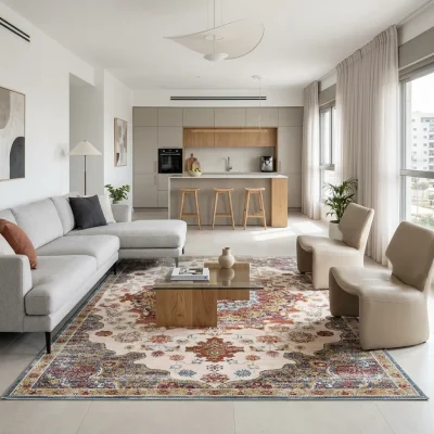 שטיח וינטג' קשמיר 15, Modern Israeli Living Room, lifestyle props, Refined Contemporary Israeli Aesthetic, Dreamy Morning ...
