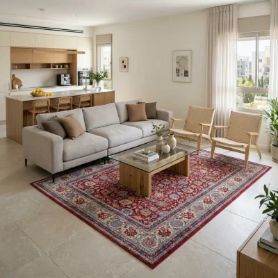 שטיח אדום בדוגמא קלאסית 1966-03, lifestyle props, Contemporary Israeli Residential, Soft Window Light.