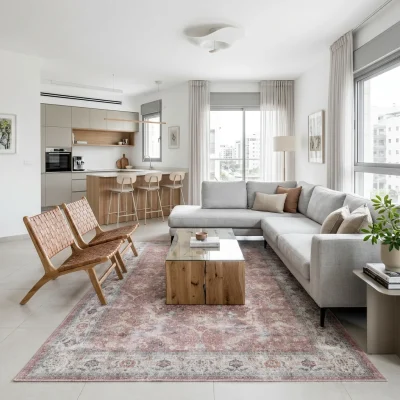 שטיח וינטג' 2043-01, Modern Israeli Living Room, lifestyle props, Refined Contemporary Israeli Aesthetic, Dreamy Morning Glow.