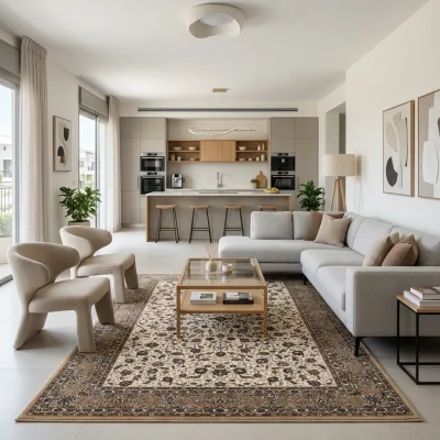 שטיח בלגי בריסל סופר קלאסי 5, Contemporary Israeli living room in a modern apartment in central Israel, open-plan with an ...