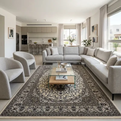 שטיח בלגי בריסל סופר קלאסי 3, Contemporary Israeli living room in a modern apartment in central Israel, open-plan with an ...