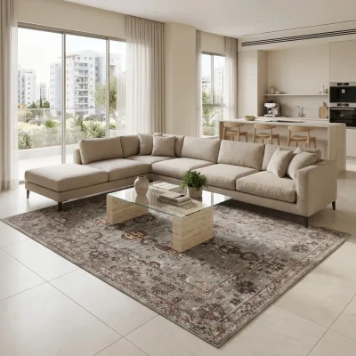 שטיח וינטג' אפור 1105, Scandi Neutrals, Soft Window Light, styled props.