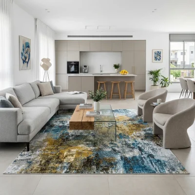 שטיח בלגי דגם בריסל 230, lifestyle props, Refined Contemporary Israeli Aesthetic, Dreamy Morning Glow.
