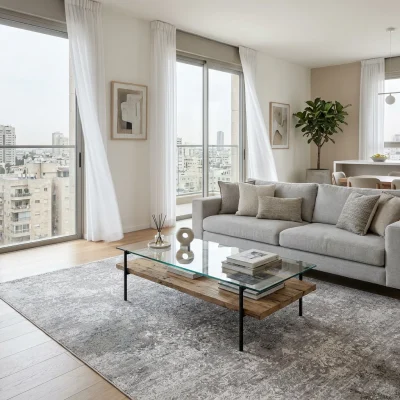 שטיח מודרני פרסקו 10 קרם אפור XXL, Scandi Neutrals, Soft Window Light, lifestyle props.