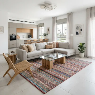 שטיח וינטג' דוגמא קלאסית 408-00, Modern Israeli Living Room, lifestyle props, Refined Contemporary Israeli Aesthetic, Drea...