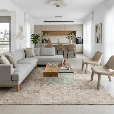 שטיח וינטג' זיגלר גולד 5490-01, Modern Israeli Living Room, lifestyle props, Refined Contemporary Israeli Aesthetic, Dream...