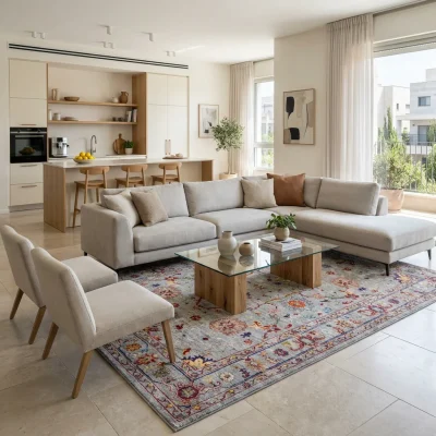 שטיח וינטג' קלאסי אפור 1109, lifestyle props, Contemporary Israeli Residential, Soft Window Light.