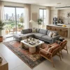 שטיח וינטג' אלניה 5206-02, Modern high-floor apartment living room in central Israel with open-plan kitchen and balcony ac...