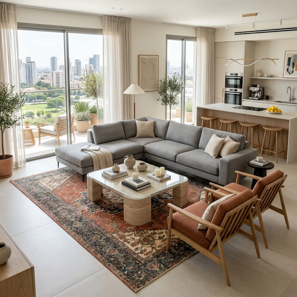 שטיח וינטג' אלניה 5206-02, Modern high-floor apartment living room in central Israel with open-plan kitchen and balcony ac...