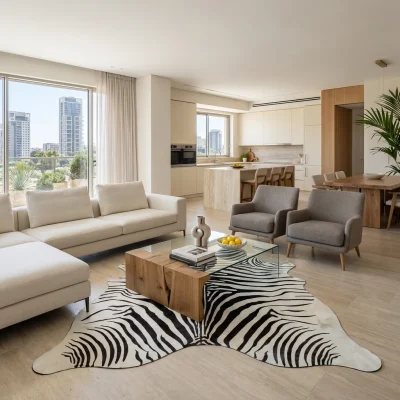 שטיח זברה 439, Sophisticated Contemporary Israeli Penthouse, Soft Window Light, lifestyle props.