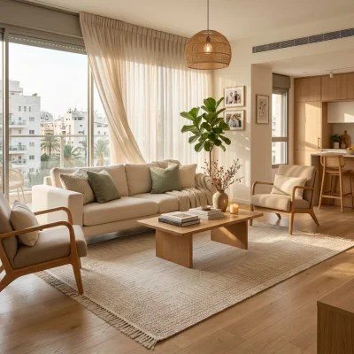 שטיח לולאות דגם COZY 01 אפור בז', Modern Israeli Apartment Living Room, mid-to-high floor, lifestyle props, Soft warm nat...
