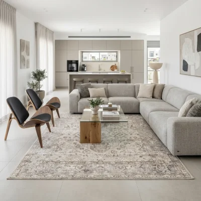 שטיח וינטג' גולד 5415-00, Modern Israeli Living Room, lifestyle props, Refined Contemporary Israeli Aesthetic, Dreamy Morn...
