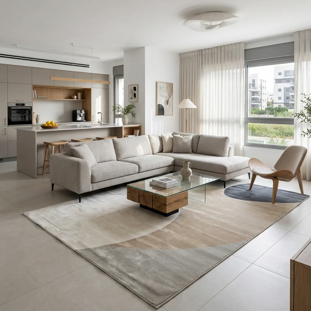 שטיח אלמנט 3002 SALE, lifestyle props, Refined Contemporary Israeli Aesthetic, Dreamy Morning Glow.