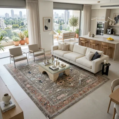 שטיח וינטג' אנטליה 5265-01, Modern high-floor apartment living room in central Israel with open-plan kitchen and balcony a...