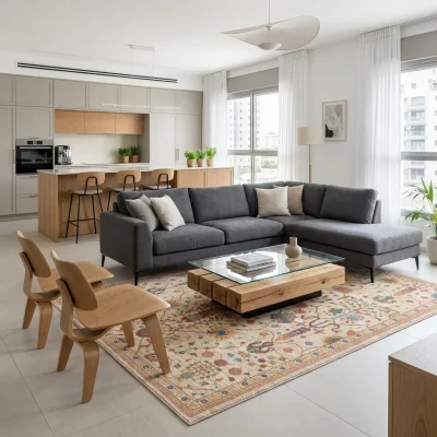 שטיח וינטג' דוגמא קלאסית 1946-01, Modern Israeli Living Room, lifestyle props, Refined Contemporary Israeli Aesthetic, Dre...