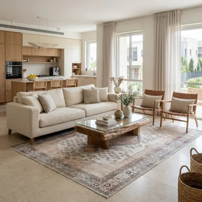 שטיח וינטג' מדליון גוון פודרה ותכלת 3166, Open-plan living room in a high-quality Israeli home in central Israel, Soft Win...