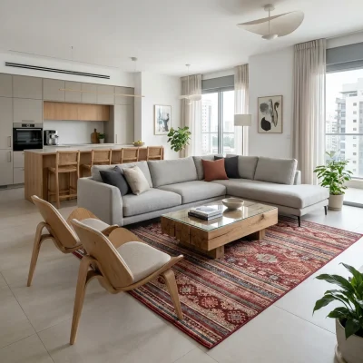 שטיח וינטג' קשמיר 16, Modern Israeli Living Room, lifestyle props, Refined Contemporary Israeli Aesthetic, Dreamy Morning ...