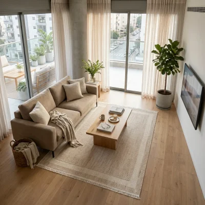 שטיח לולאות מסגרת דגם COZY 05 בז' XXL, Scandi Neutrals, Flat Cloudy Sky, lifestyle props.