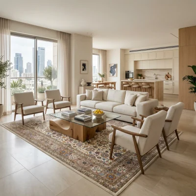 שטיח דוגמת זיגלר 1966-01, Sophisticated Contemporary Israeli Penthouse, Soft Window Light, lifestyle props.