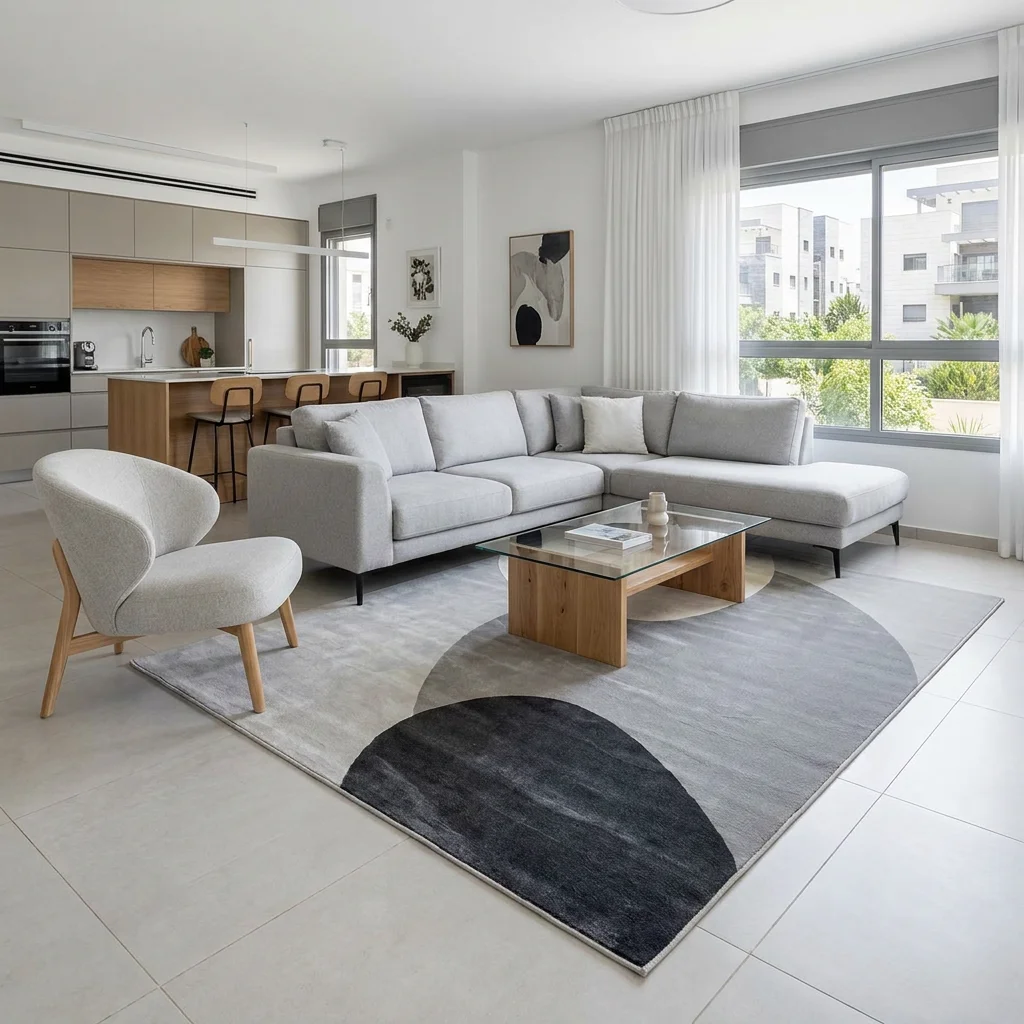 שטיח אלמנט 3003, lifestyle props, Refined Contemporary Israeli Aesthetic, Dreamy Morning Glow.