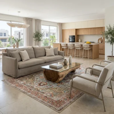 שטיח וינטג' ויולה 3593, Open-plan living room in a high-quality Israeli home in central Israel, Soft Window Light, lifesty...