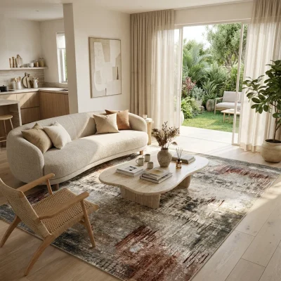 שטיח בלגי דגם בריסל 221, Israeli Garden Apartment, lifestyle props, Soft, sunny daylight filtering through large glass doo...