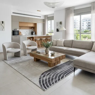 שטיח אלמנט 3004, lifestyle props, Refined Contemporary Israeli Aesthetic, Dreamy Morning Glow.